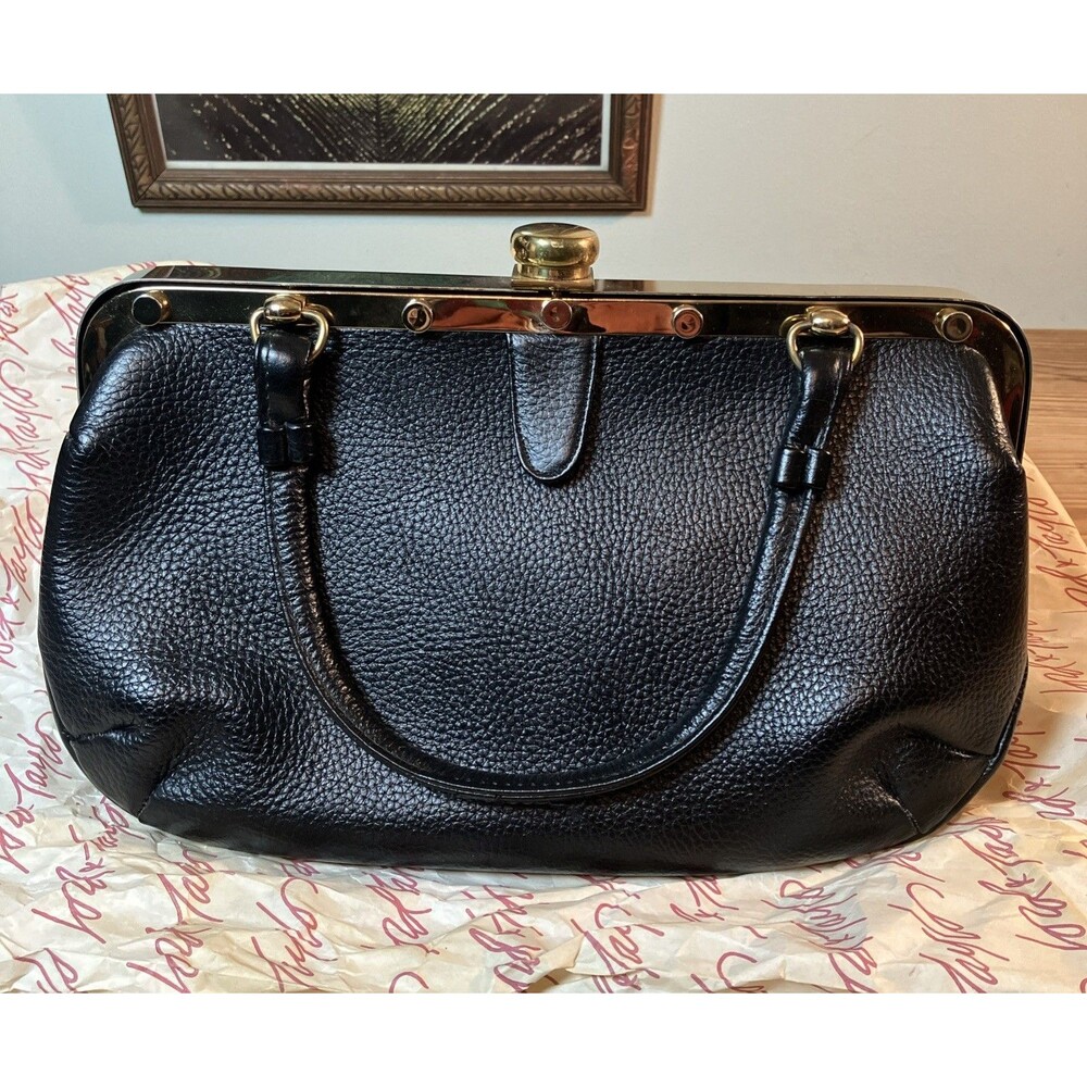 Vintage Saber Black Pebbled Leather Satchel Purse Hand Bag Gold Hardware Grommet